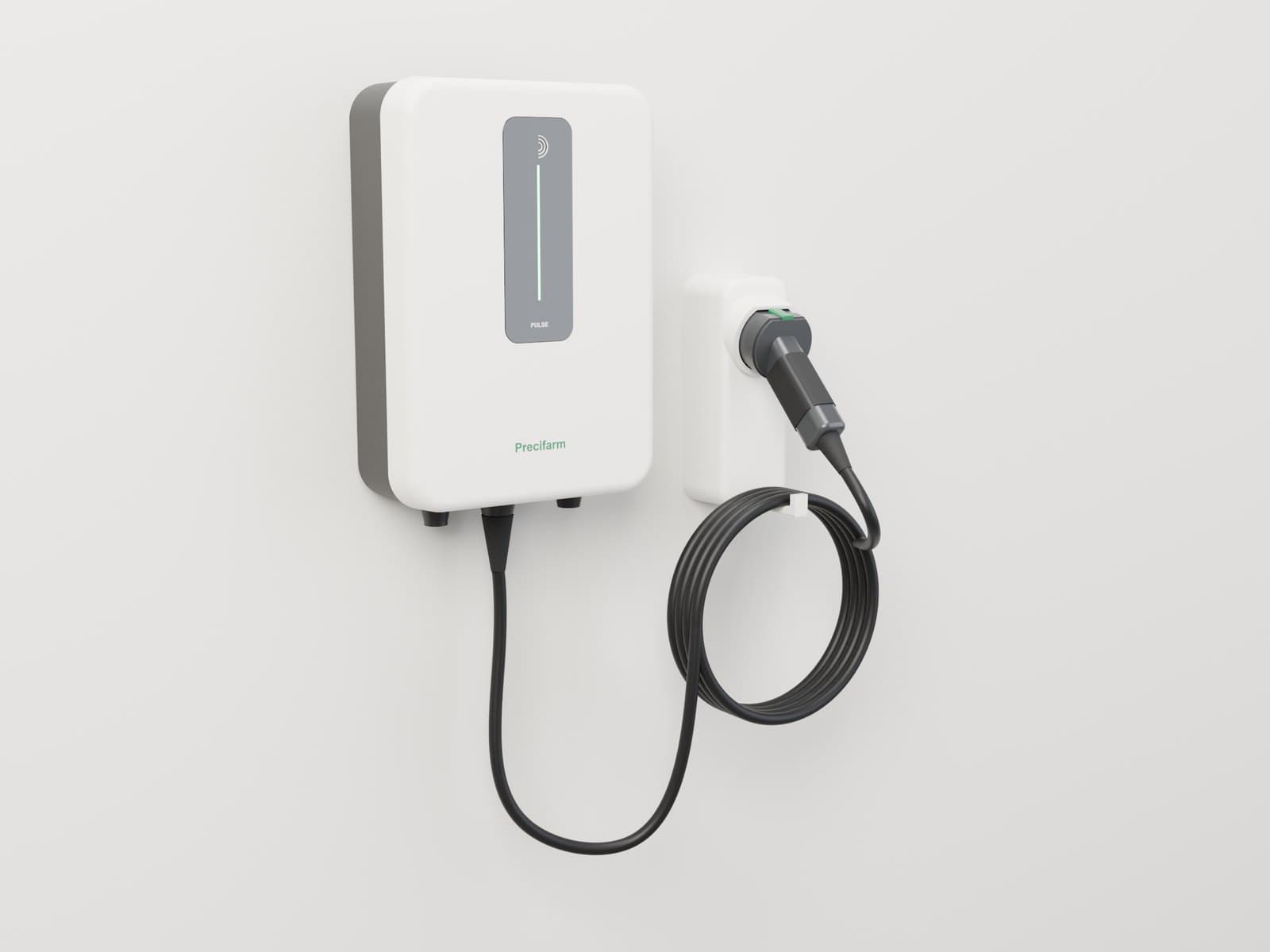 Precifarm Pulse 7 kW home wallbox installed on a wall, with the Type 2 cable coiled on its holster