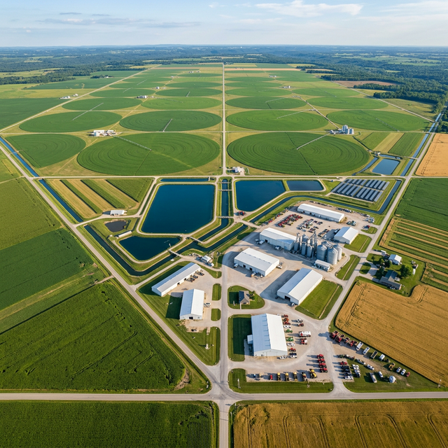 Integrated farm design with irrigation zones and water management layout