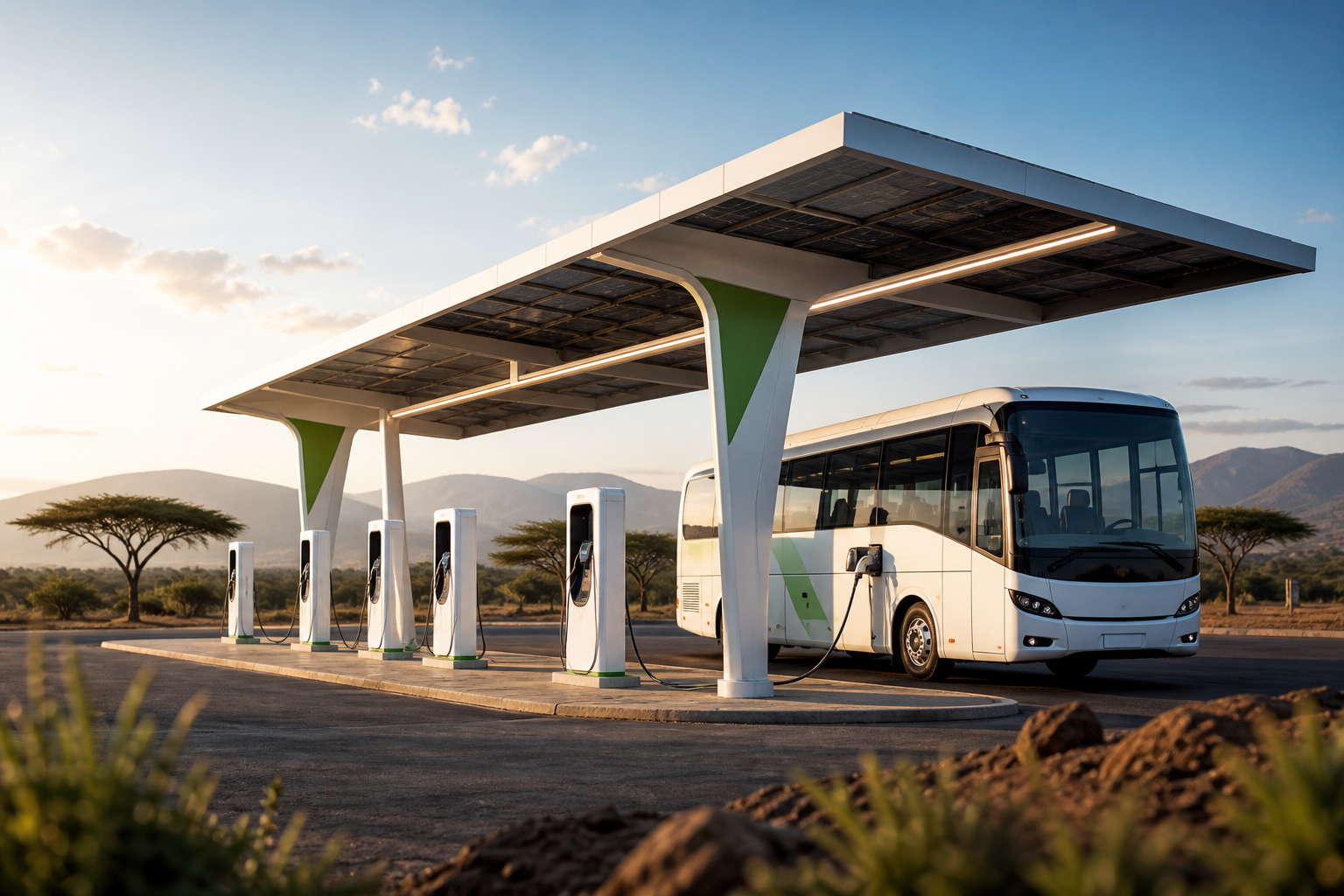 Premium Kenyan EV charging hub at golden hour with solar canopy