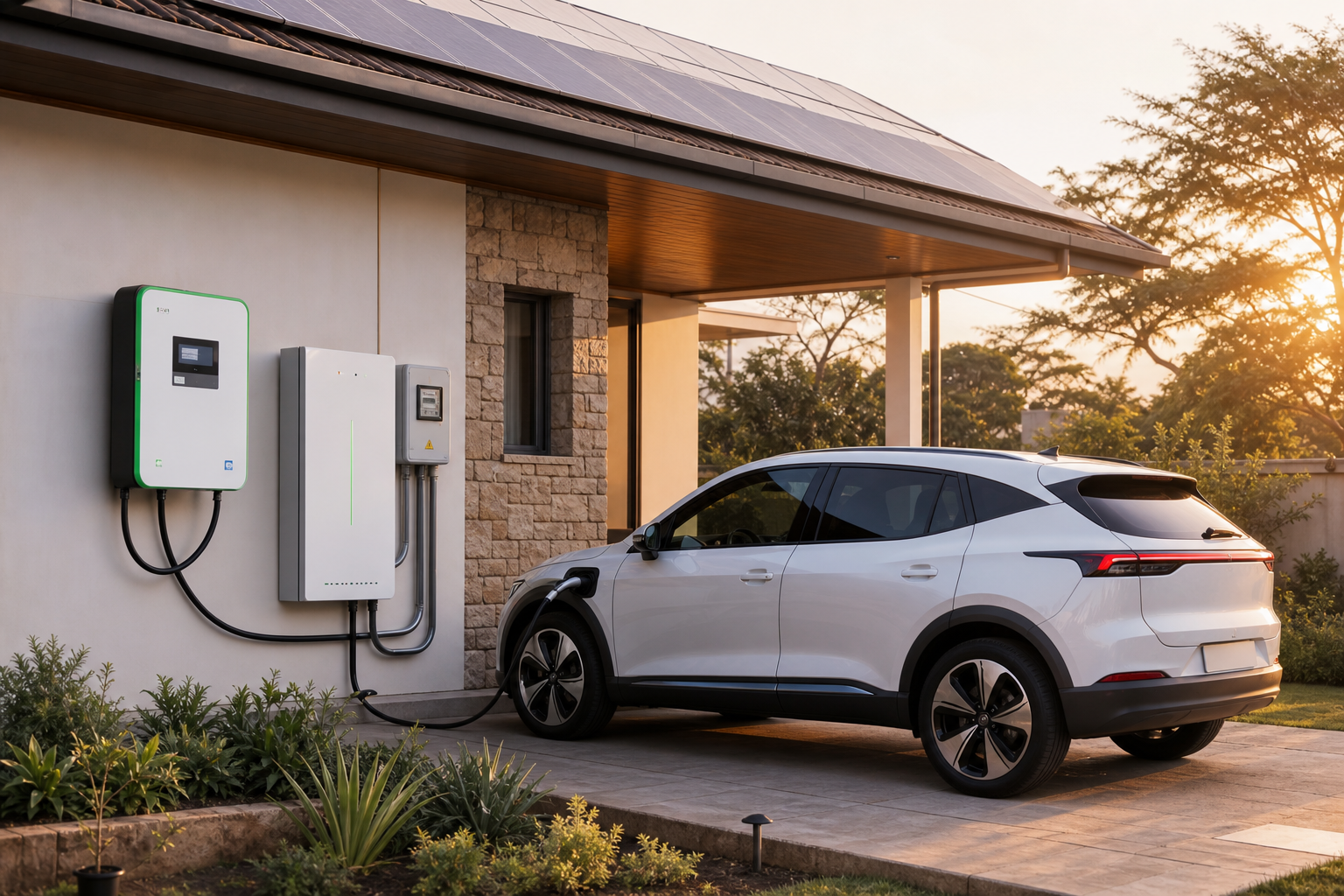 Private house hybrid EV charging with solar and battery storage