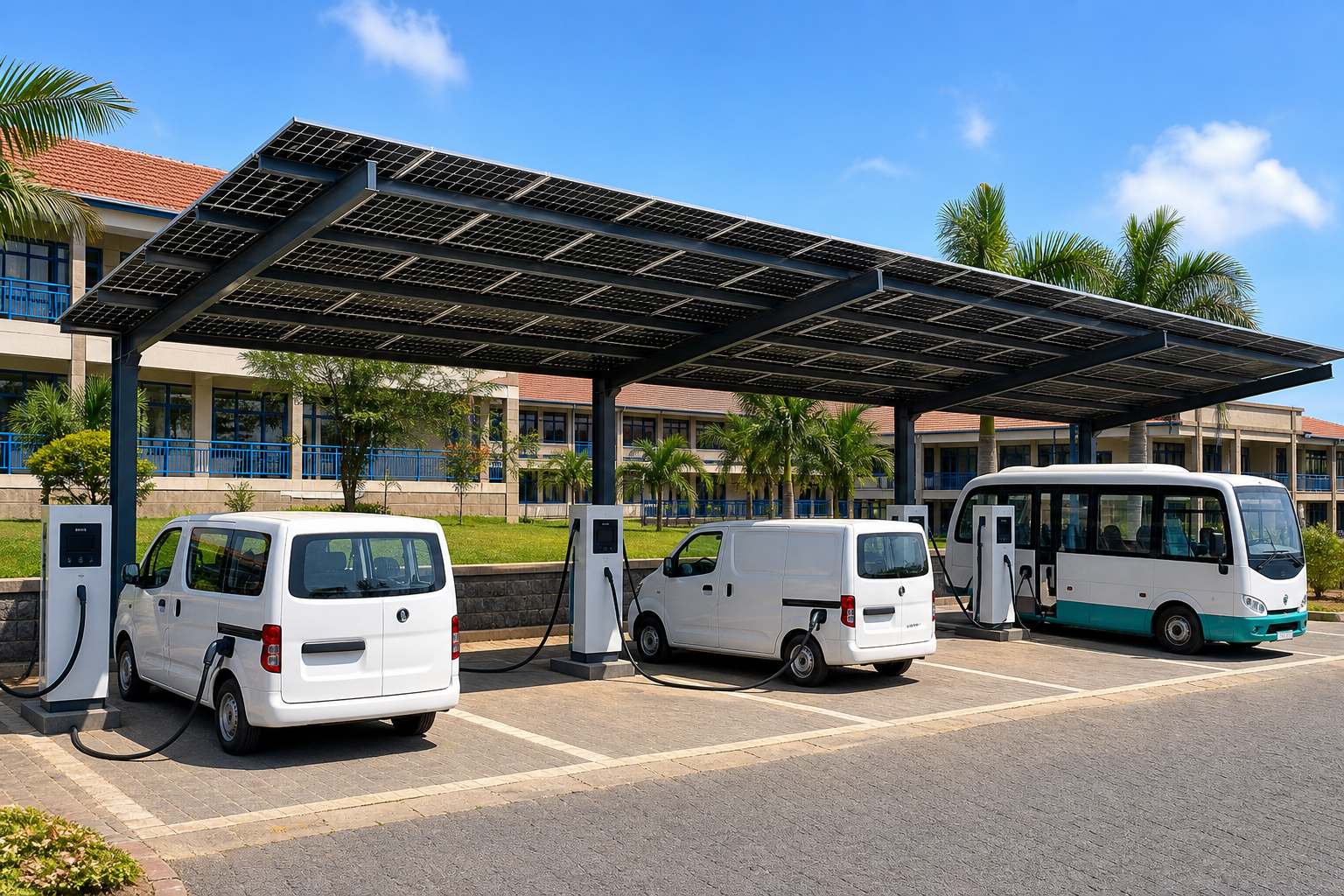 Private campus charging station with multiple pedestals under solar canopy