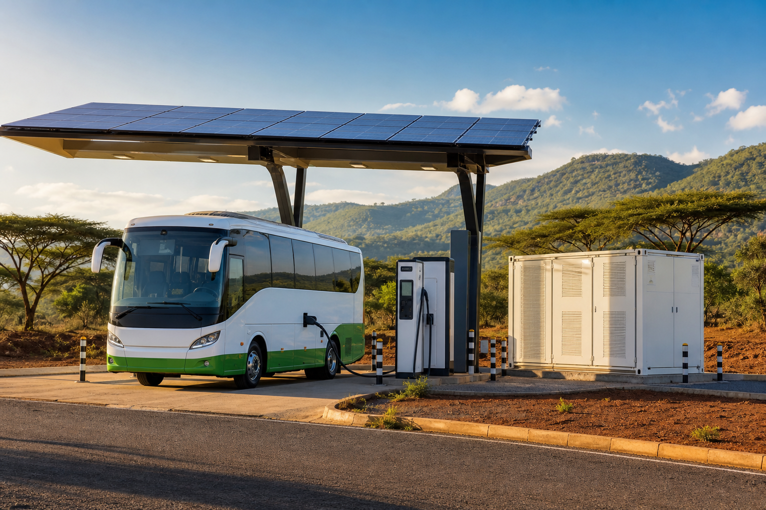 Intercity route charging hub with solar canopy and electric bus at DC charger