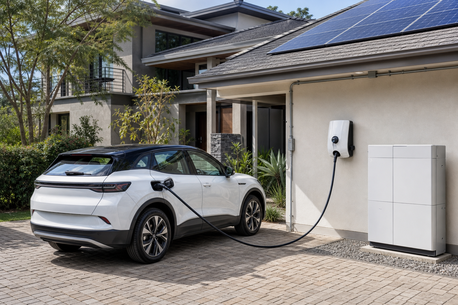 Private house hybrid EV charging with rooftop solar and wall charger