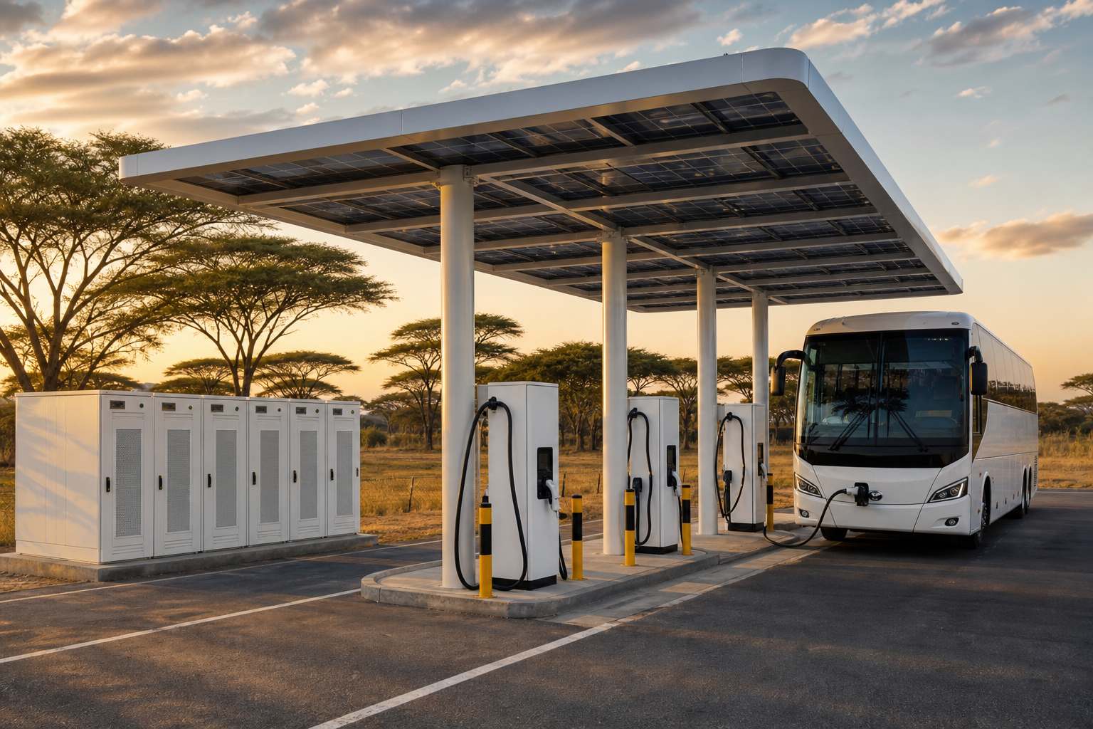 Route charging hub with solar canopy, DC chargers, battery storage and electric bus