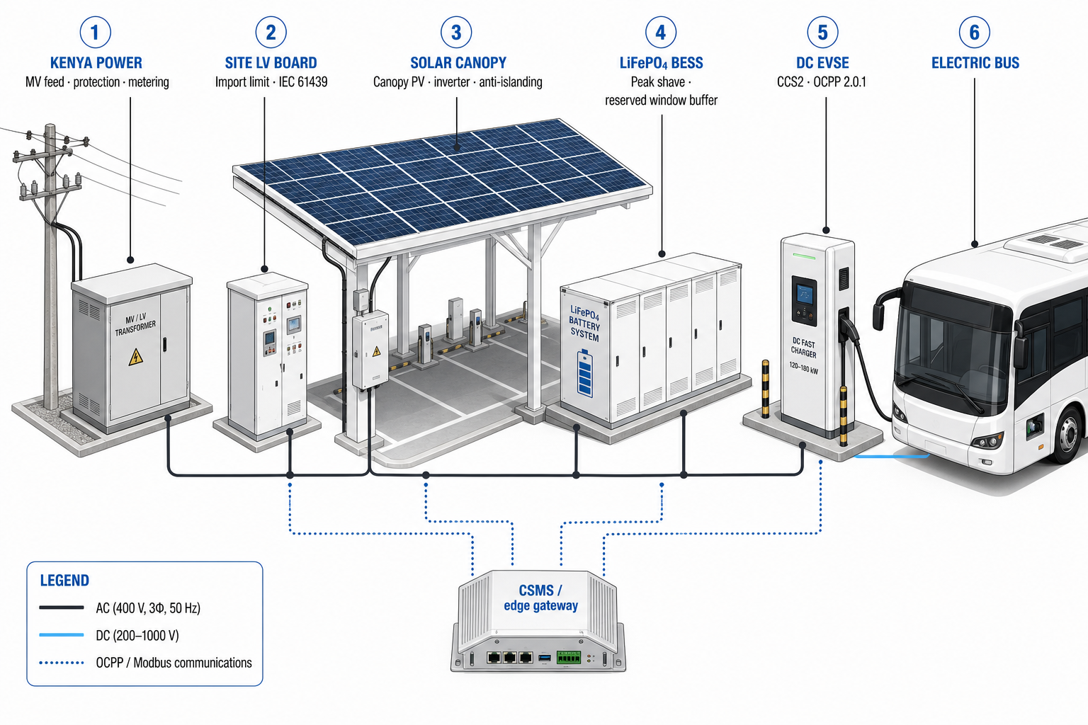 System architecture diagram of Kenya Power, solar, storage, CCS2 charger and CSMS