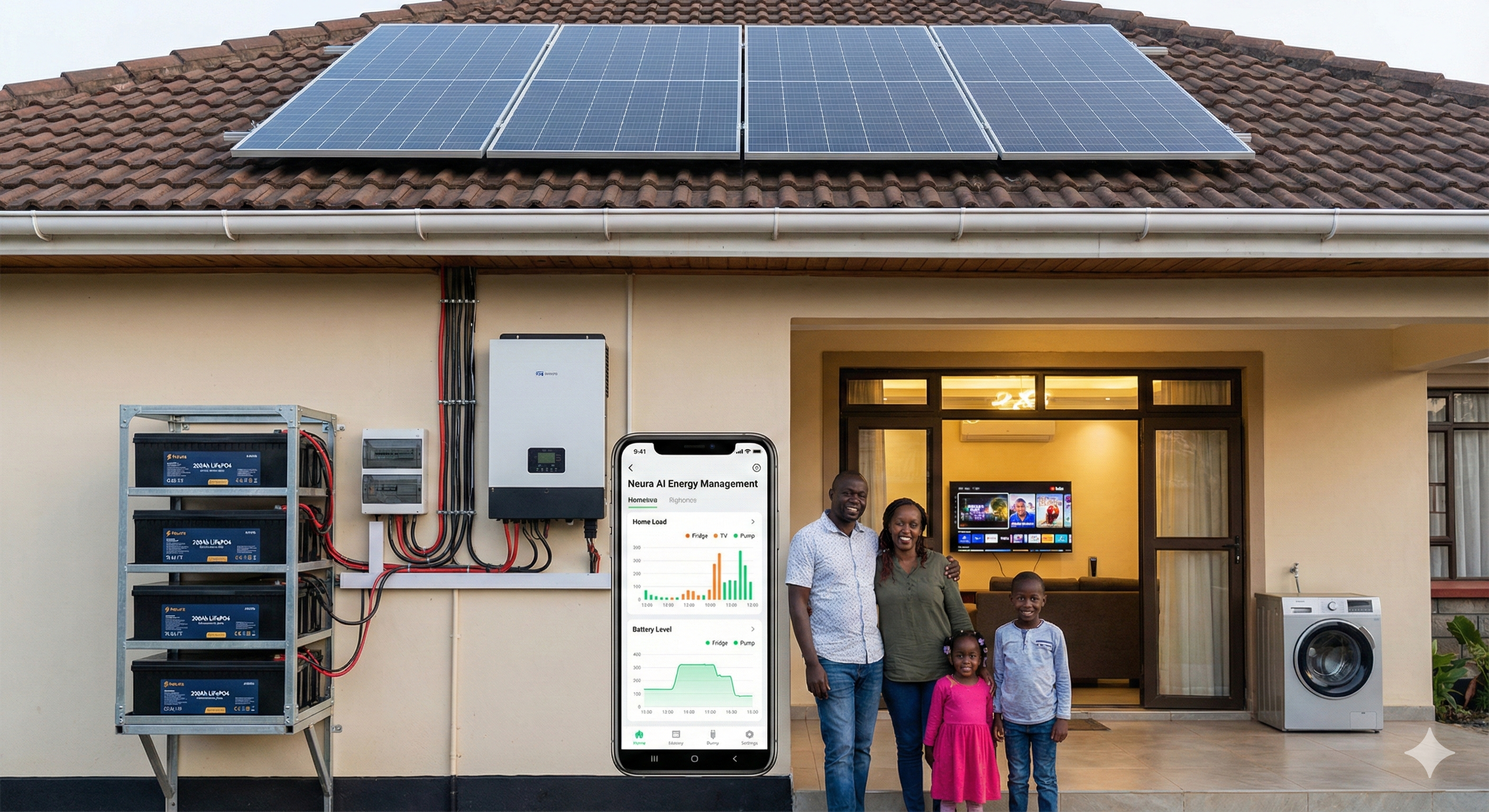 Happy African family with their complete solar system - 4x440W panels, 200Ah battery bank, and Neura AI energy management app