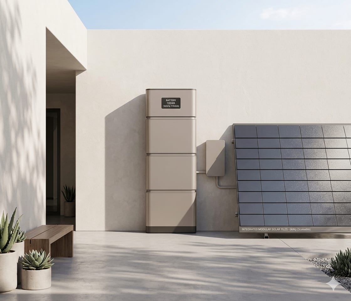 A modular wall-mounted lithium battery stack of four stacked modules with an adjacent rooftop solar PV array on a clean residential exterior, illustrating Precifarm's modular solar PV and storage architecture.