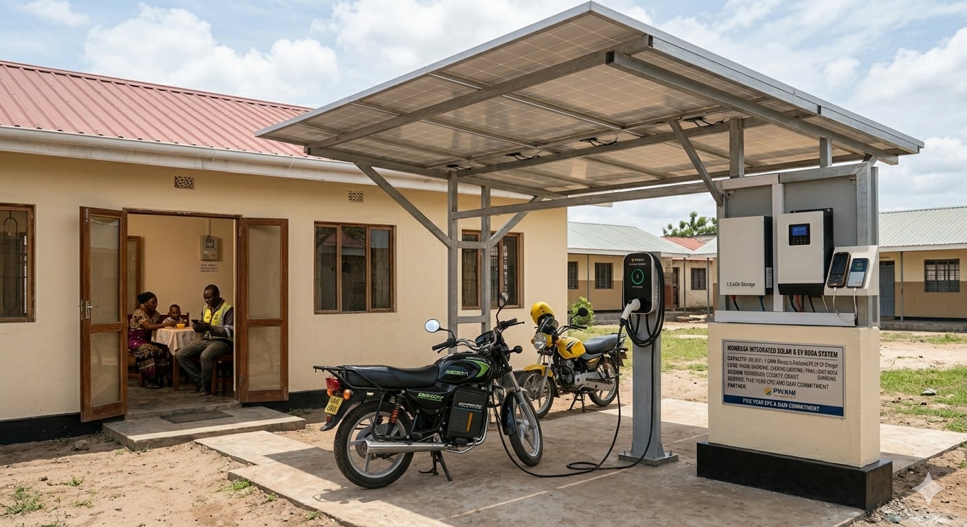 The Mombasa Integrated Solar and EV Boda System: a steel-framed solar carport with two boda boda motorbikes parked beneath it, a dedicated EV charging point with cable in use, a wall-mounted hybrid inverter and small lithium storage cabinet to the side, and signage on the column reading "Mombasa Integrated Solar & EV Boda System." A family is visible in the adjacent building.