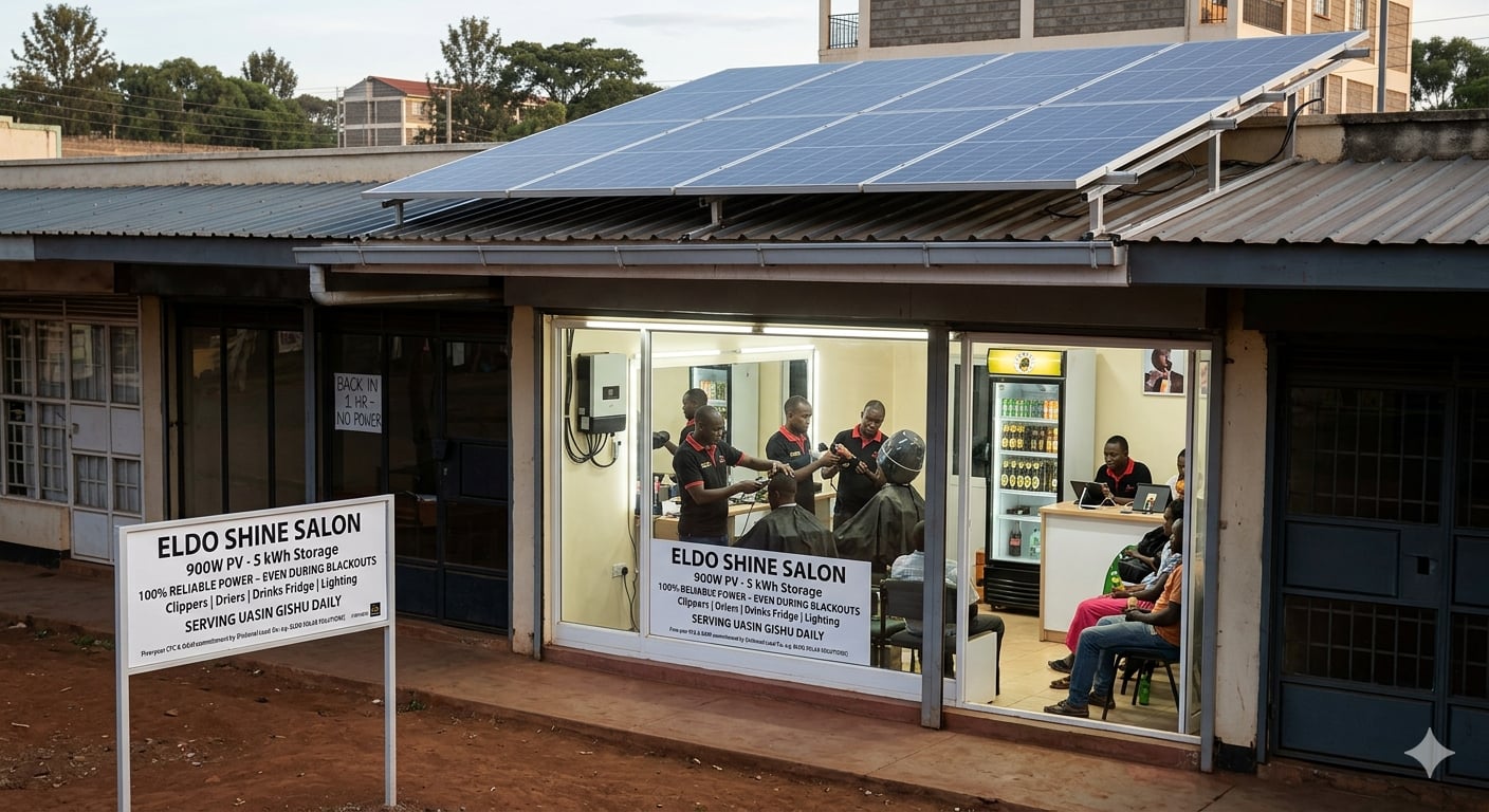The Eldo Shine Salon in Uasin Gishu: a small commercial shopfront with rooftop solar panels visible above the unit, brightly lit interior showing barbers at work on customers with a drinks fridge in view, and exterior signage reading "Eldo Shine Salon, 900W PV - 5 kWh Storage, 100% reliable power even during blackouts, serving Uasin Gishu daily."