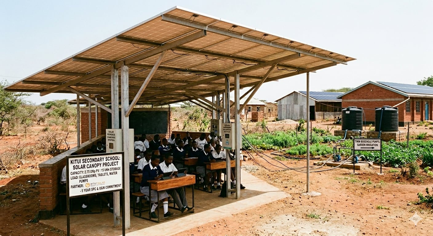 The Kitui Secondary School Solar PV Installation: a steel-framed overhead solar PV array mounted above an open-air classroom in the Kitui semi-arid landscape, with students at desks studying underneath, irrigation tanks and a planted school garden visible to the right, and additional school buildings with rooftop solar in the background. Project signage on the support column reads "Kitui Secondary School: Solar PV Installation, capacity 2.75 kWp PV / 15 kWh storage, load classrooms, tablets, water pumps, five-year EPC and O&M commitment."