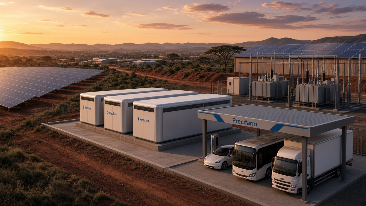 Illustrative Precifarm EV hub with storage and DC charging