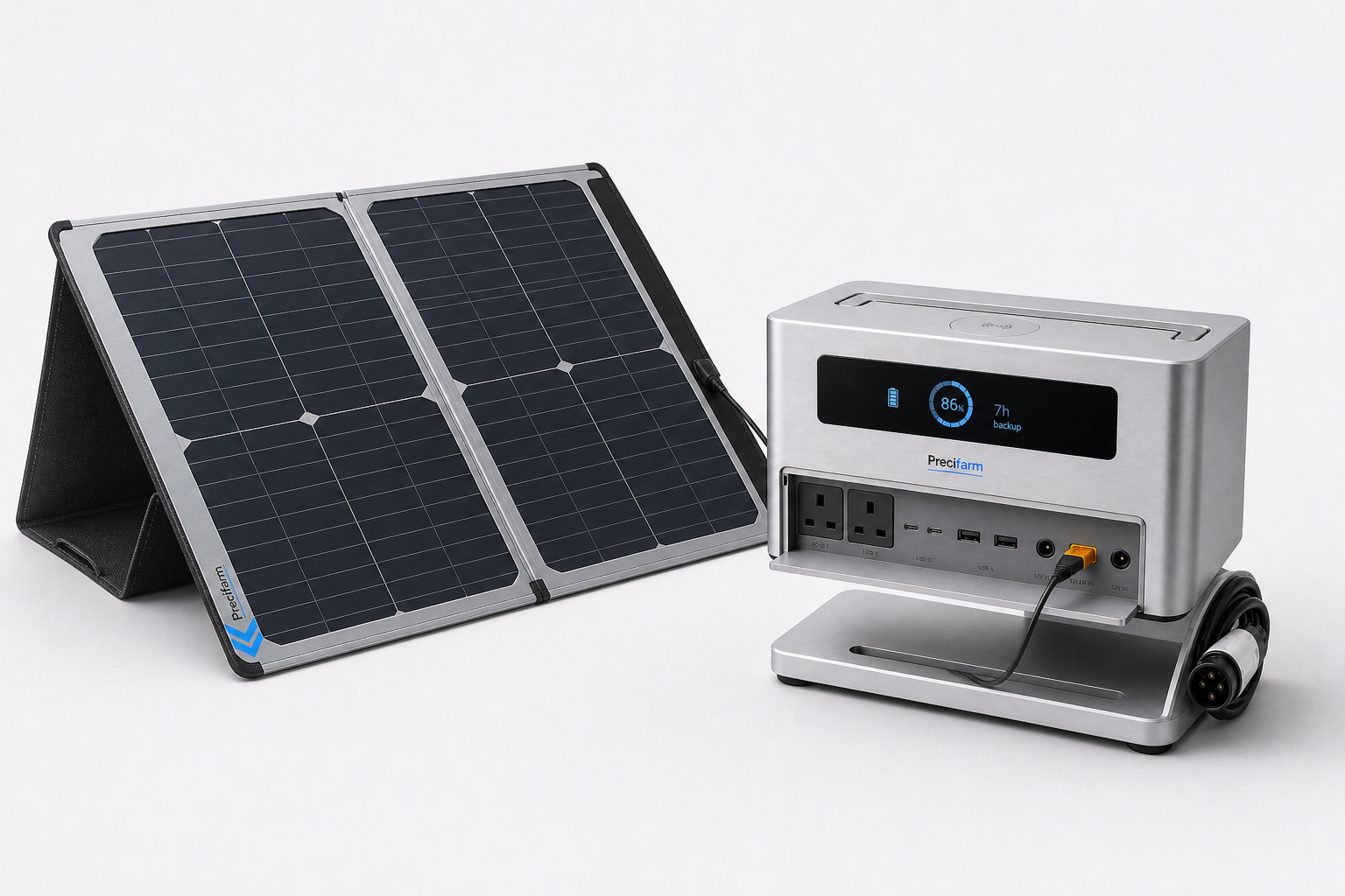 P1 Go portable energy unit on a tilt stand with foldable solar panel, glass display and Type 2 lead