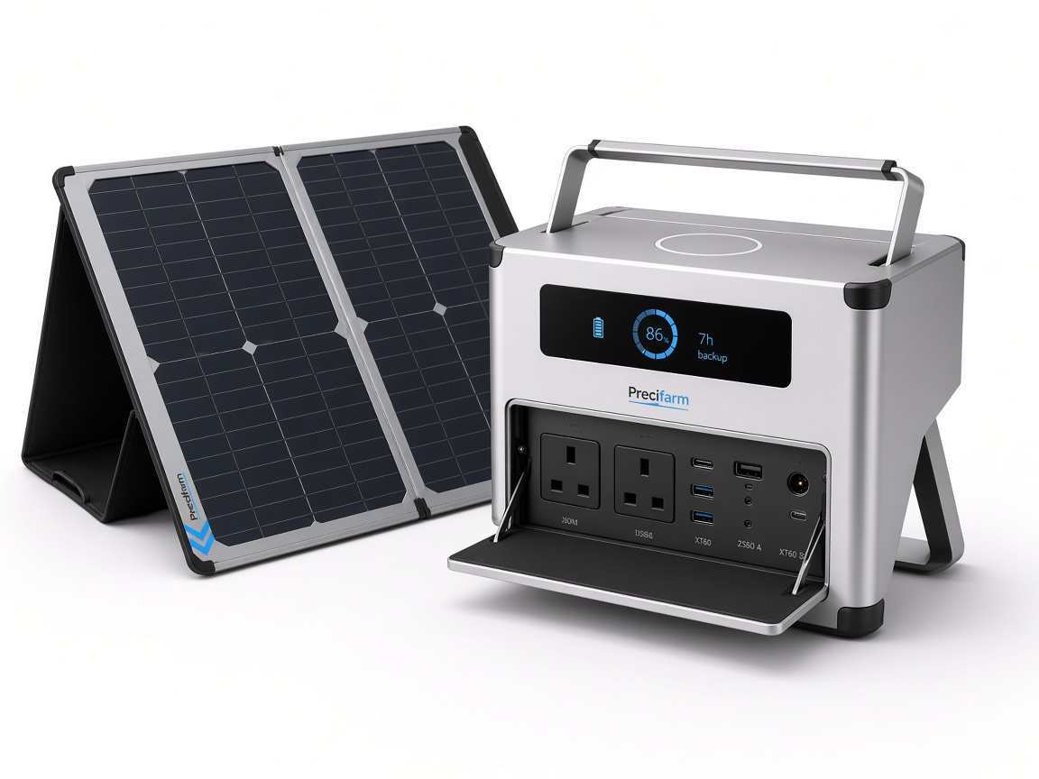 P1 Go portable power station on kickstand with foldable solar panel, UK sockets and Type 2 cable