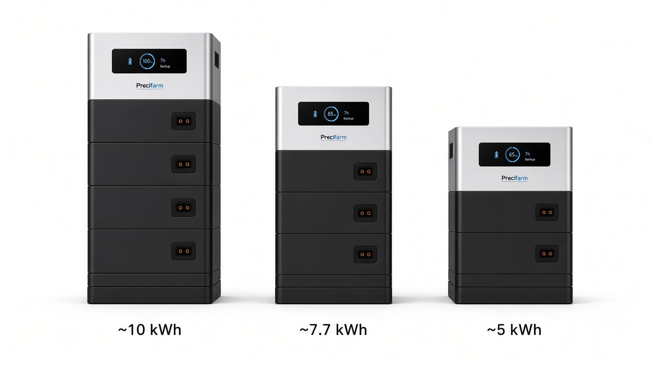 Precifarm P2 Home towers at two, three and four modules — floor-standing beside the board