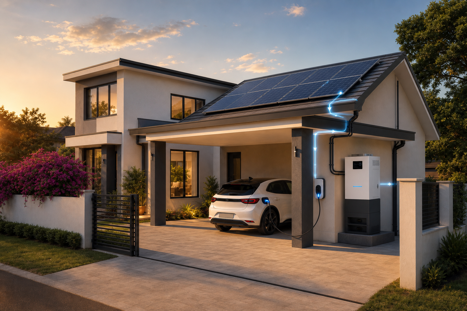 Kenya home carport with rooftop solar, Pod storage and Type 2 EV charging from solar surplus