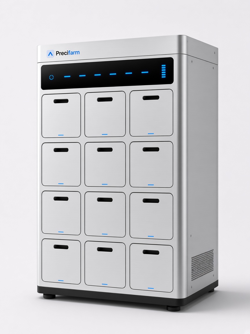 Precifarm Boda Hub twelve-bay battery swap cabinet — four rows of three dockets for electric motorcycles