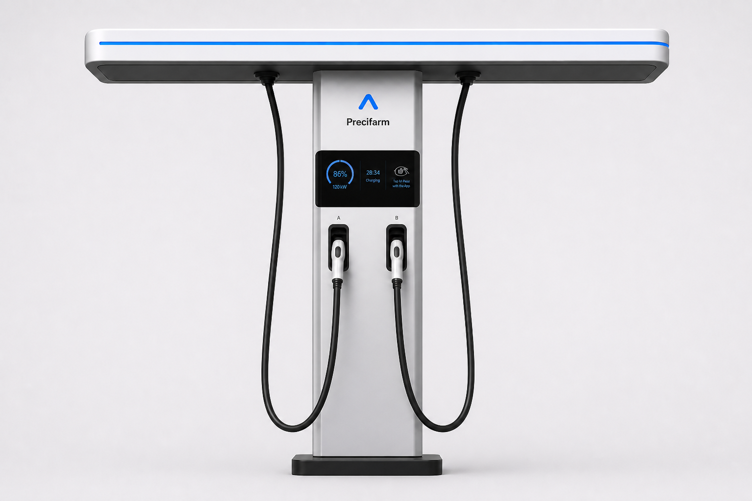 Precifarm Corridor DC fast charger — T-canopy with overhead cables and dual CCS2 holsters