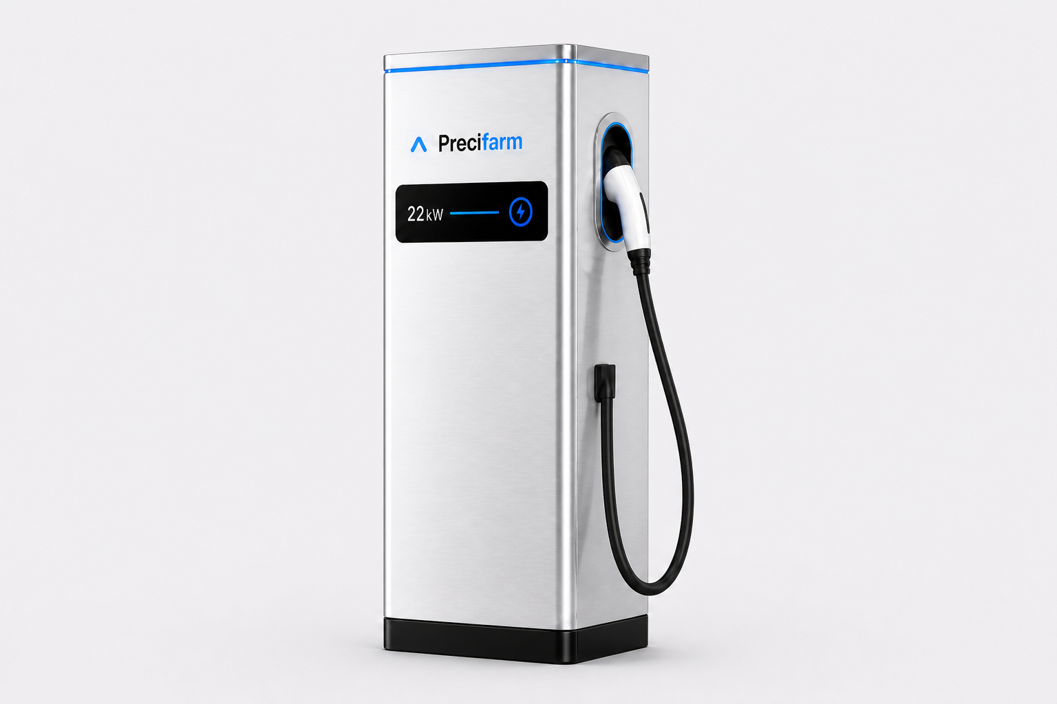 Precifarm Depot 22 kW AC charging pedestal — Type 2 cable integrated from body to holster