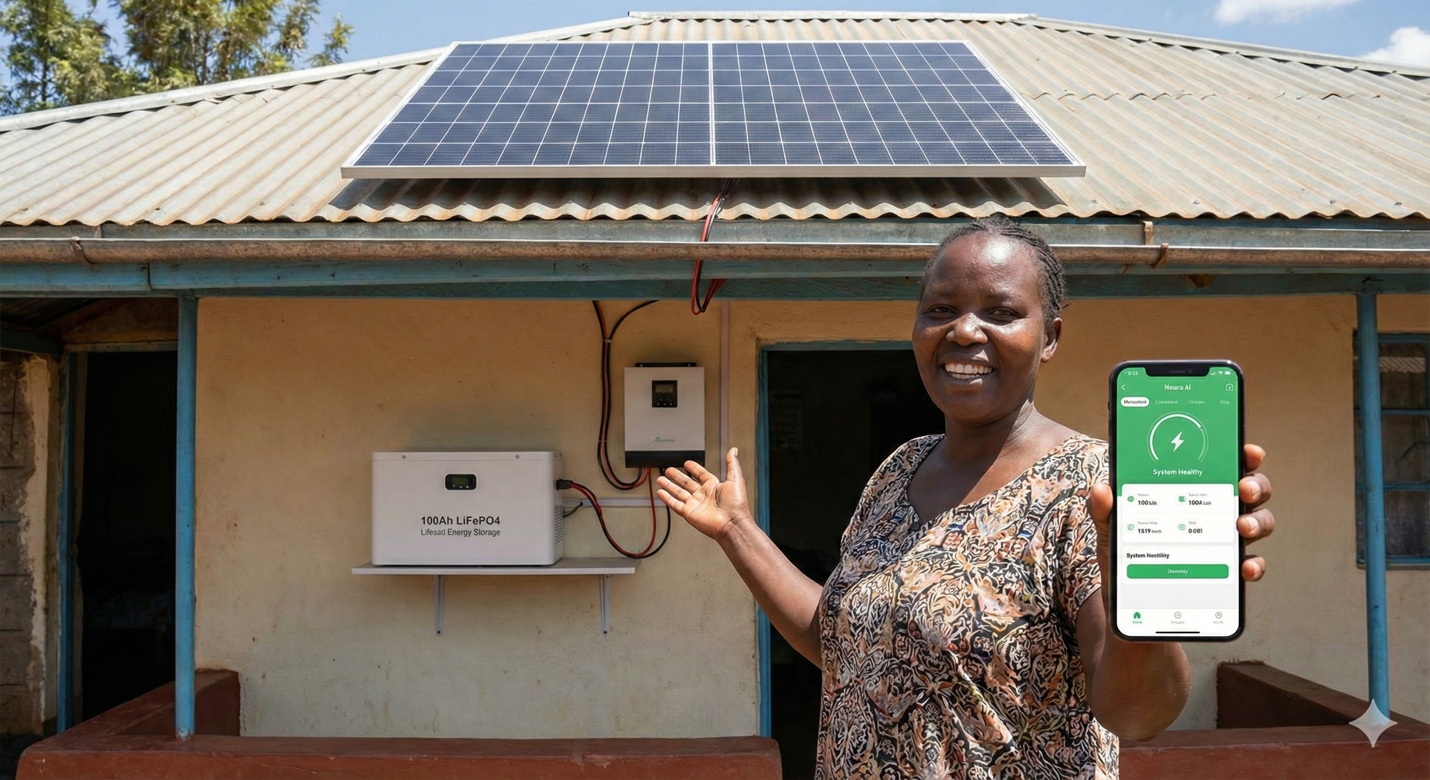 African woman showing her solar system - 330W panels on roof, 100Ah LiFePO4 battery, and Neura AI monitoring app